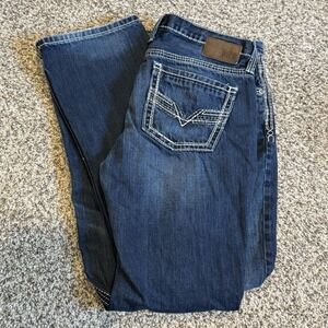 BKE Buckle Derek Men's Jeans 36L Straight Leg Whiskered Designer